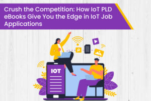 Image for the blog Crush the Competition: How IoT PLD eBooks Give You the Edge in IoT Job Applications. The image is an illustration of 2 people sitting near a laptop.